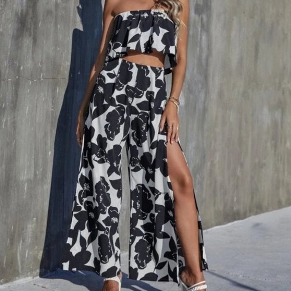 Boho Floral sleeveless Tube Top And Pants Set cottagecore Black White - Picture 7 of 8